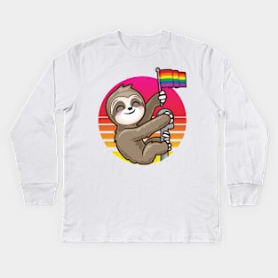 Sloth with Rainbow Flag Pride Retro Vintage Kids Long Sleeve T-Shirt